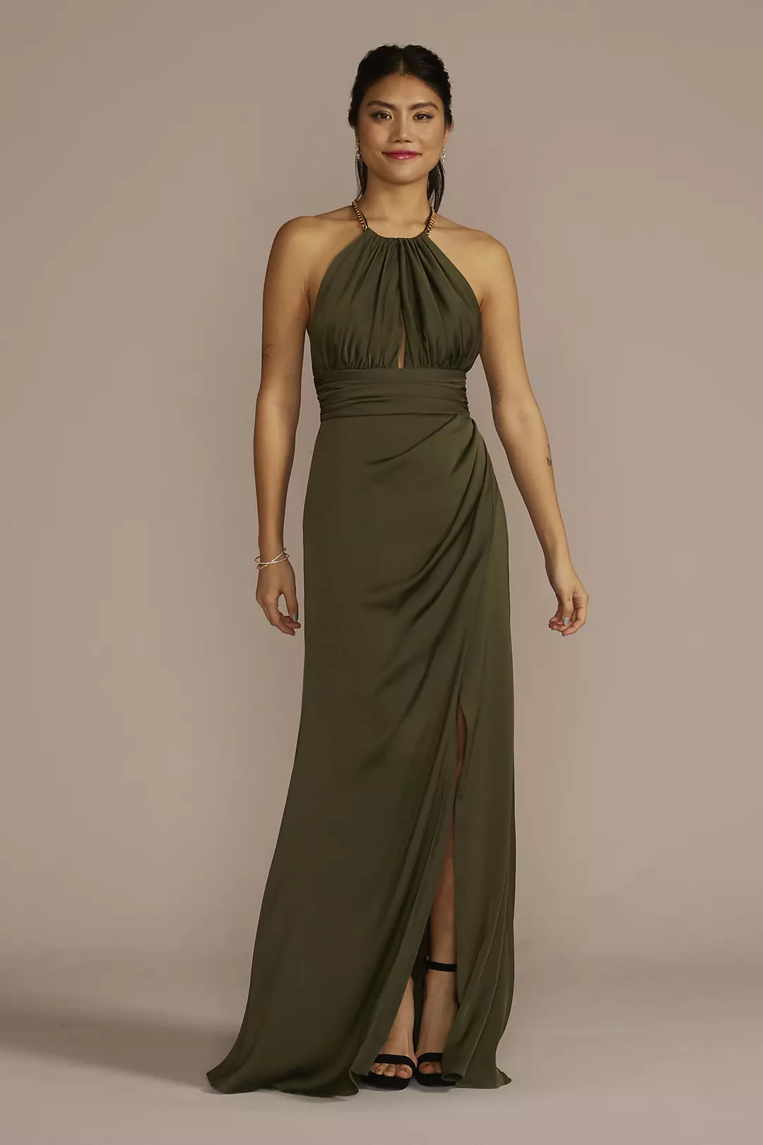 Chain Halter Satin Keyhole Sheath Dress - Image 4