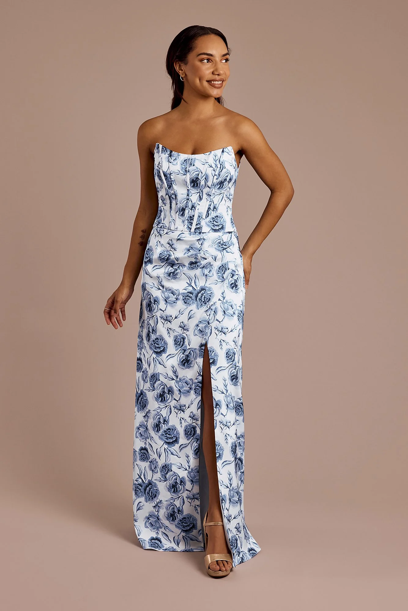 Floral Matte Satin Sculpted Bodice Corset Dress - Image 3