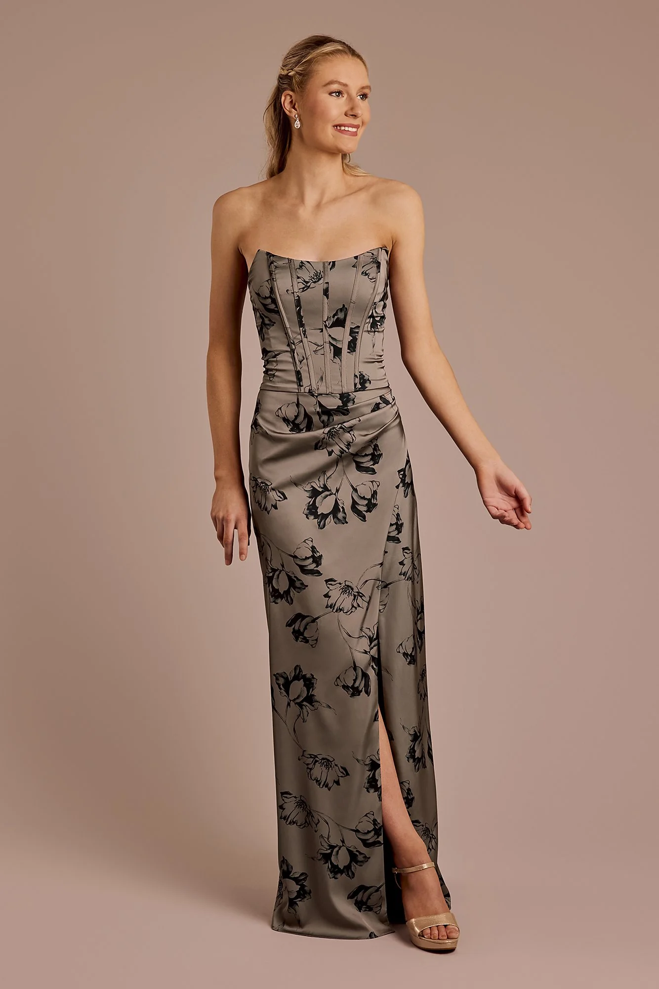 Floral Matte Satin Sculpted Bodice Corset Dress - Image 4