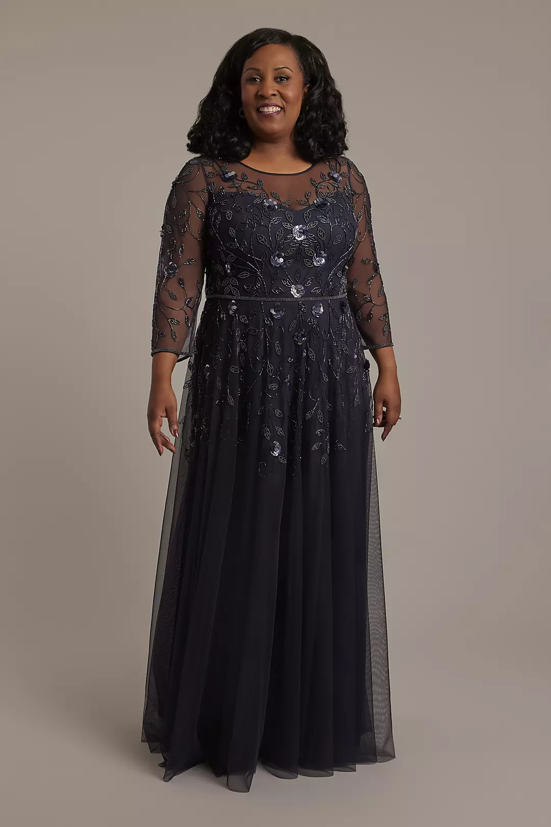 Illusion Long-Sleeve Beaded A-Line Dress - Image 7