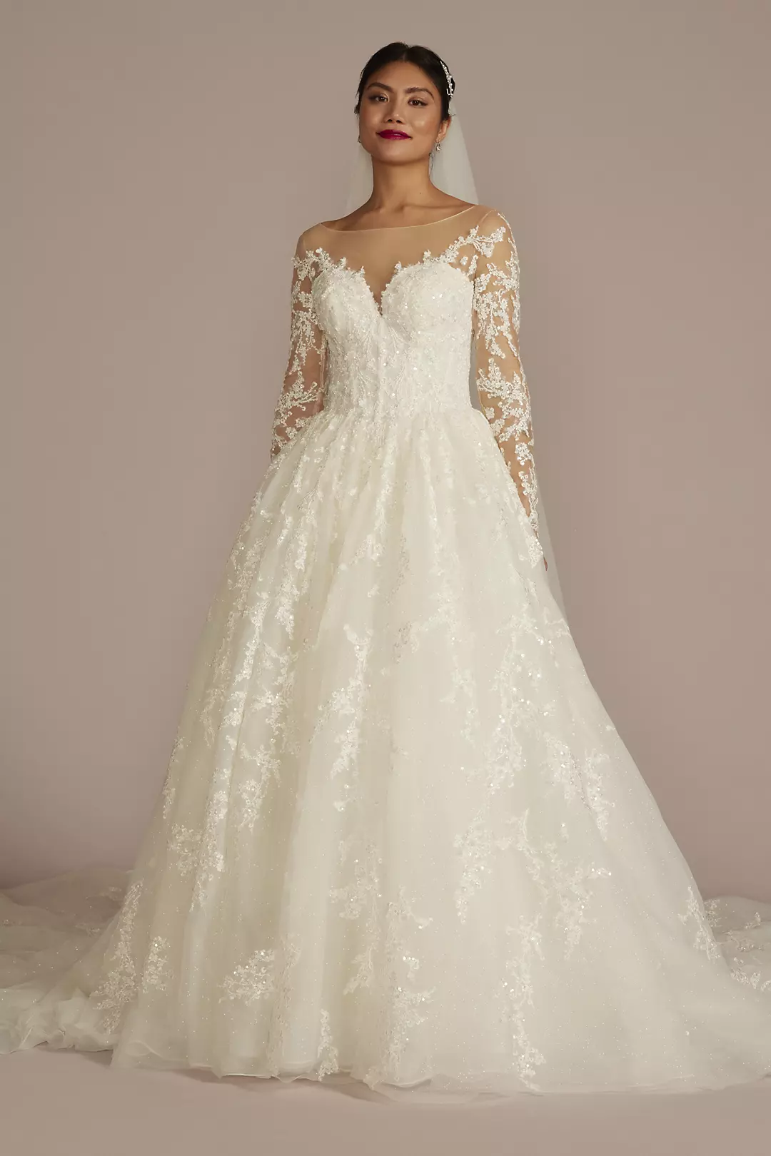 Lace Appliqued Illusion Long Sleeve Wedding Dress - Image 3