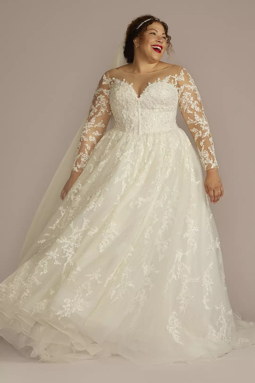 Lace Appliqued Illusion Long Sleeve Wedding Dress - Image 4