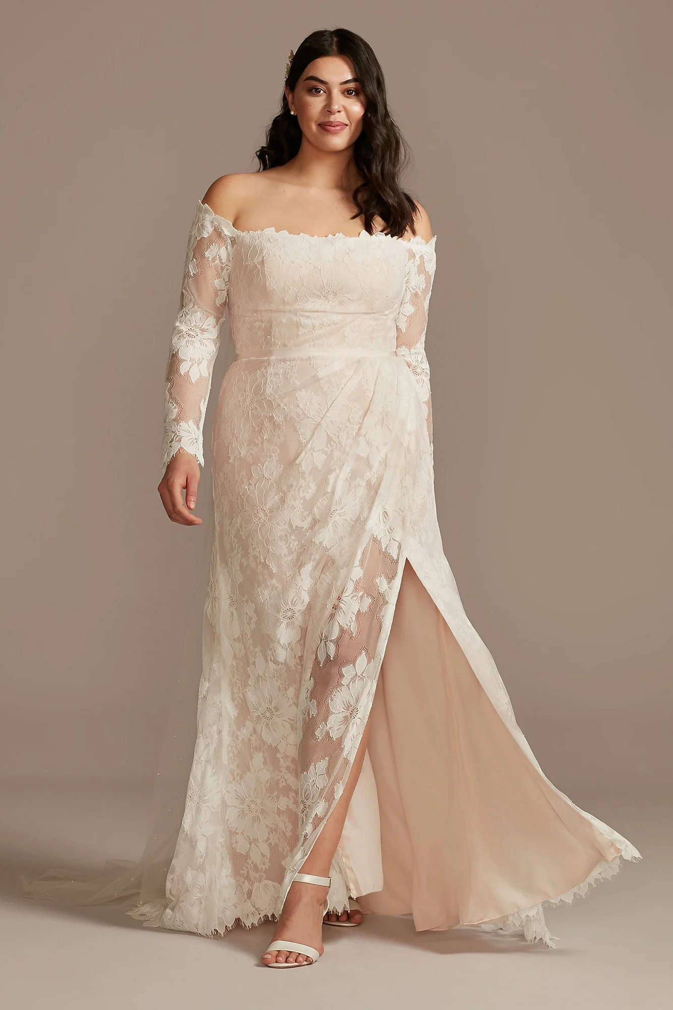 Large Floral Lace Long Sleeve Wedding Dress - Image 5