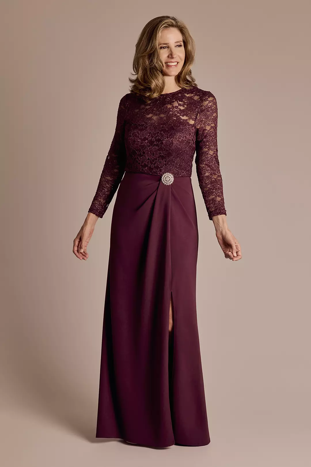 Long-Sleeve Lace and Crepe Soft A-Line Dress - Image 10