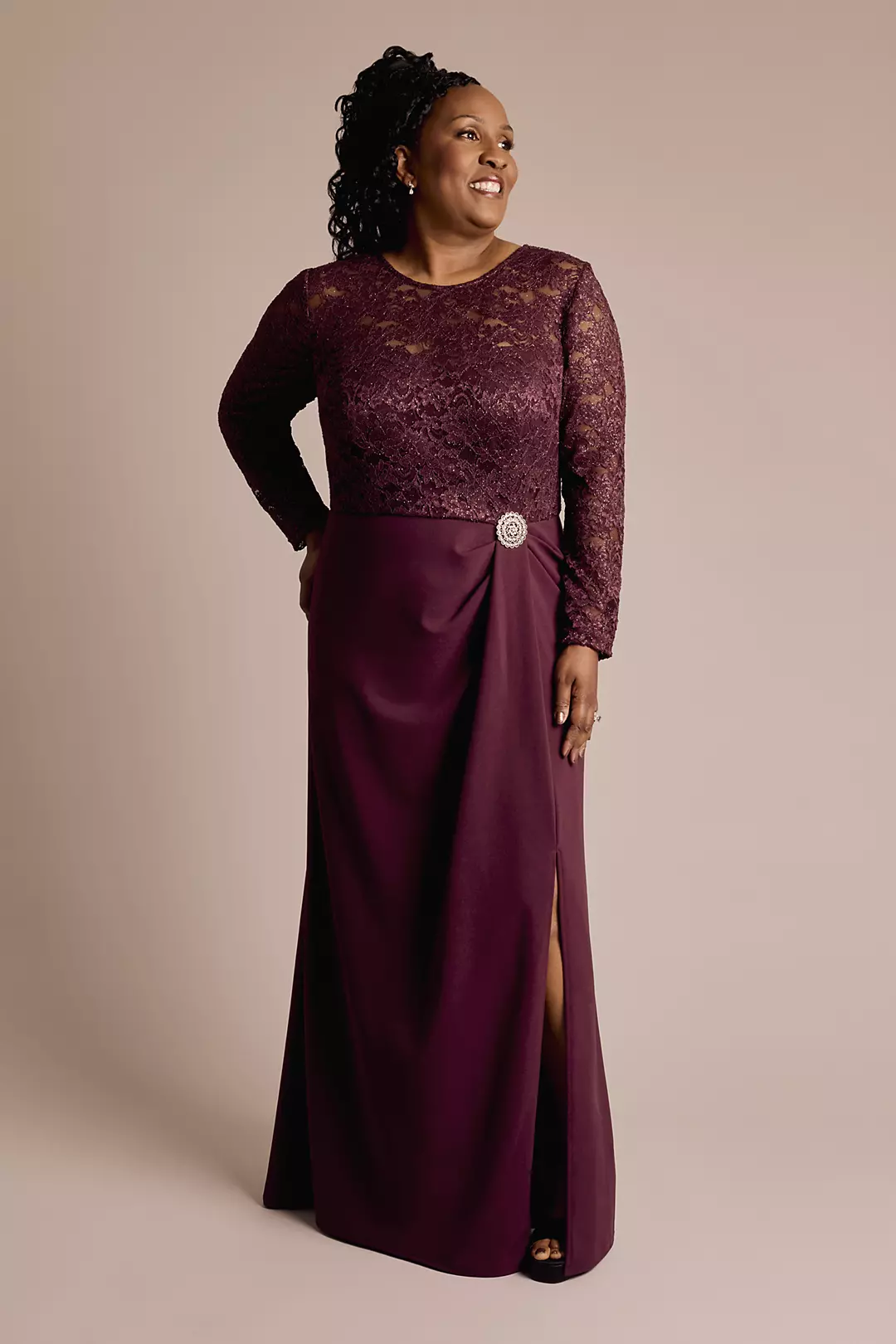 Long-Sleeve Lace and Crepe Soft A-Line Dress - Image 3