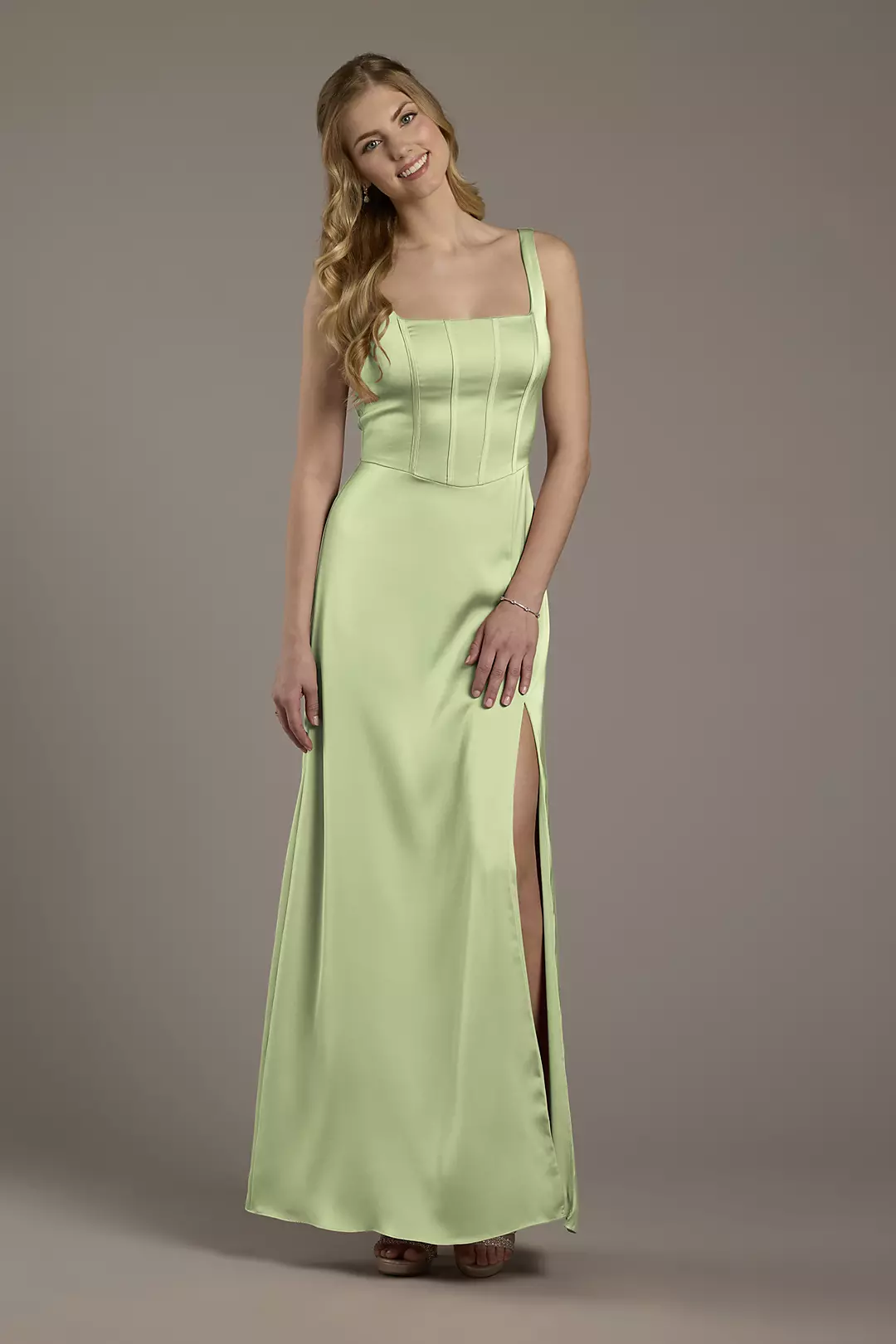 Matte Satin Corset Bodice Square Neck A-Line Dress - Image 117