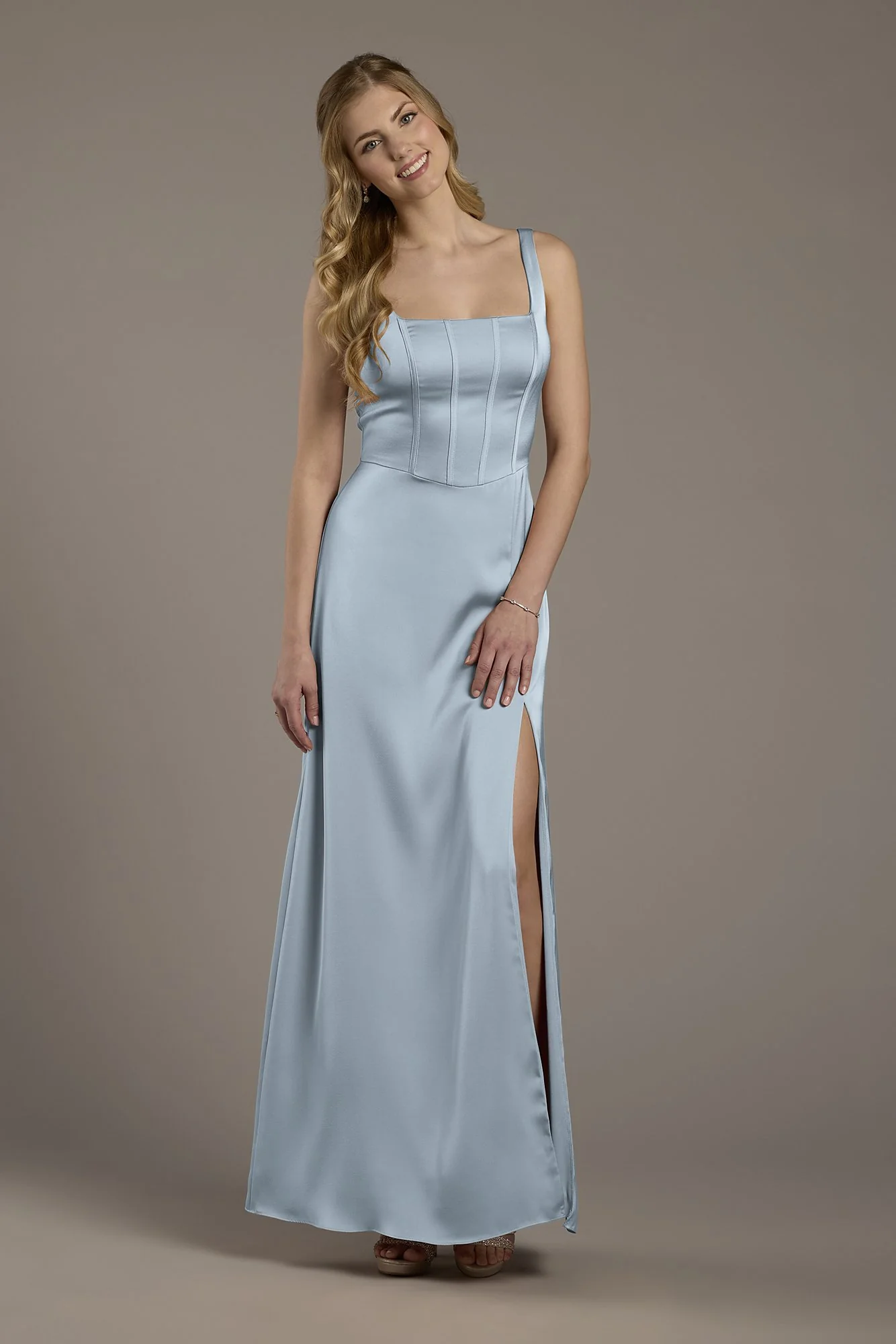 Matte Satin Corset Bodice Square Neck A-Line Dress - Image 13