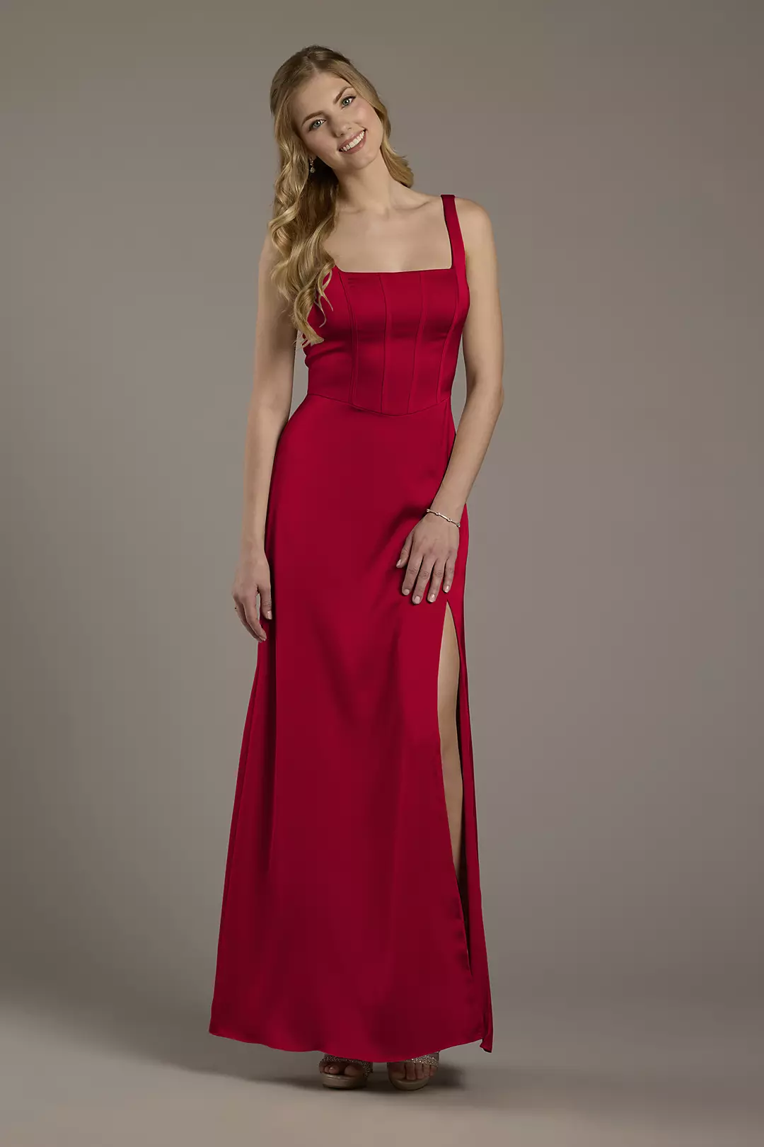 Matte Satin Corset Bodice Square Neck A-Line Dress - Image 27