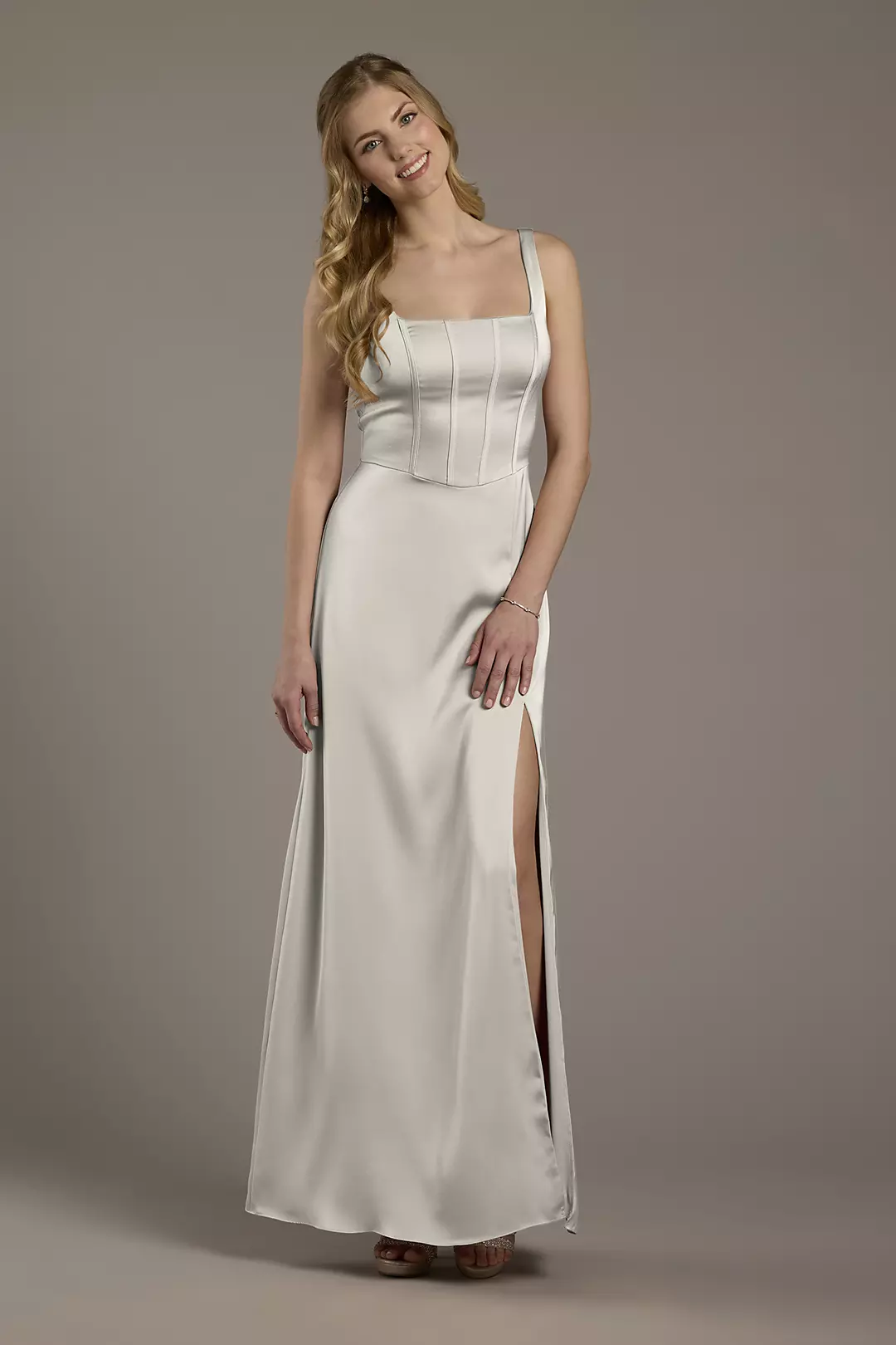 Matte Satin Corset Bodice Square Neck A-Line Dress - Image 29