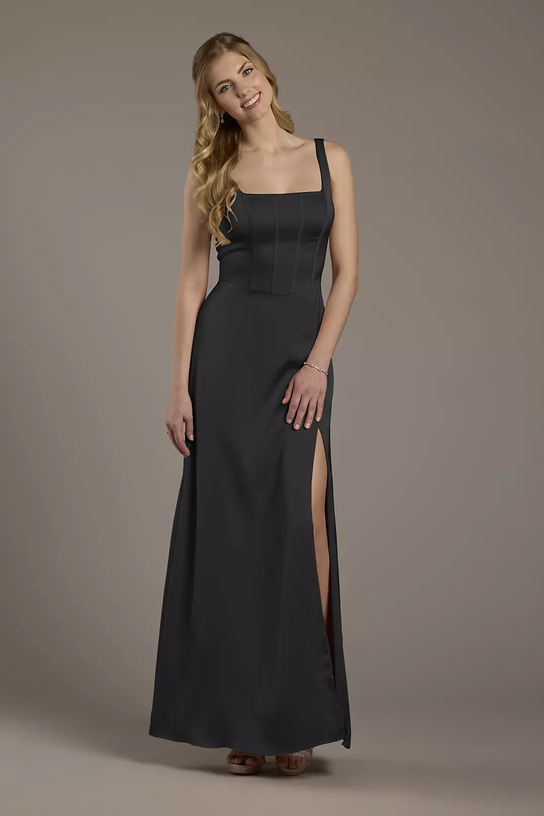 Matte Satin Corset Bodice Square Neck A-Line Dress - Image 30