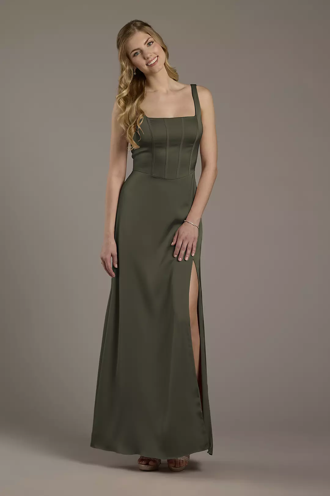 Matte Satin Corset Bodice Square Neck A-Line Dress - Image 35