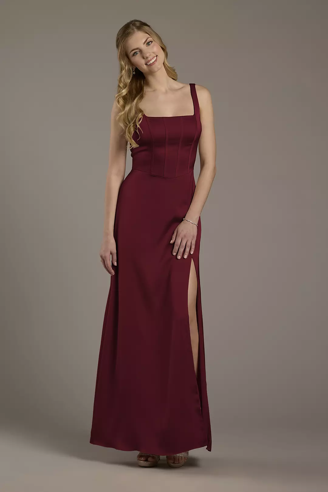 Matte Satin Corset Bodice Square Neck A-Line Dress - Image 36