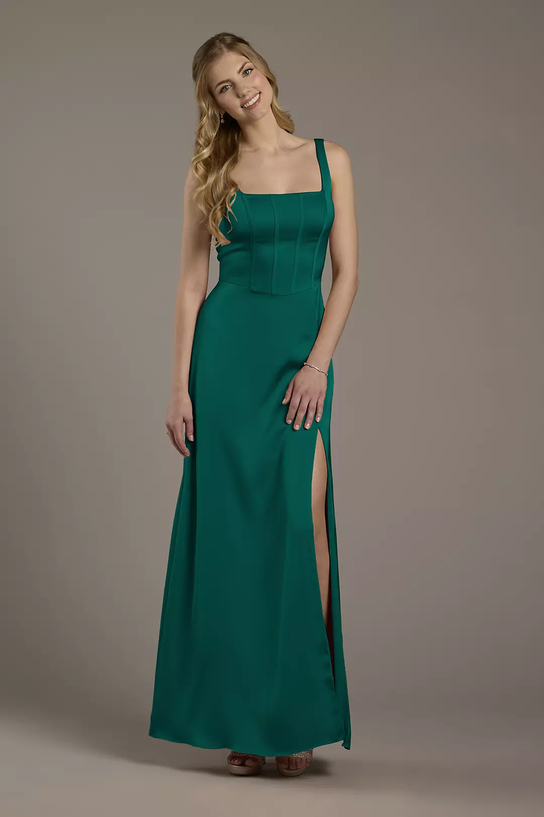 Matte Satin Corset Bodice Square Neck A-Line Dress - Image 48