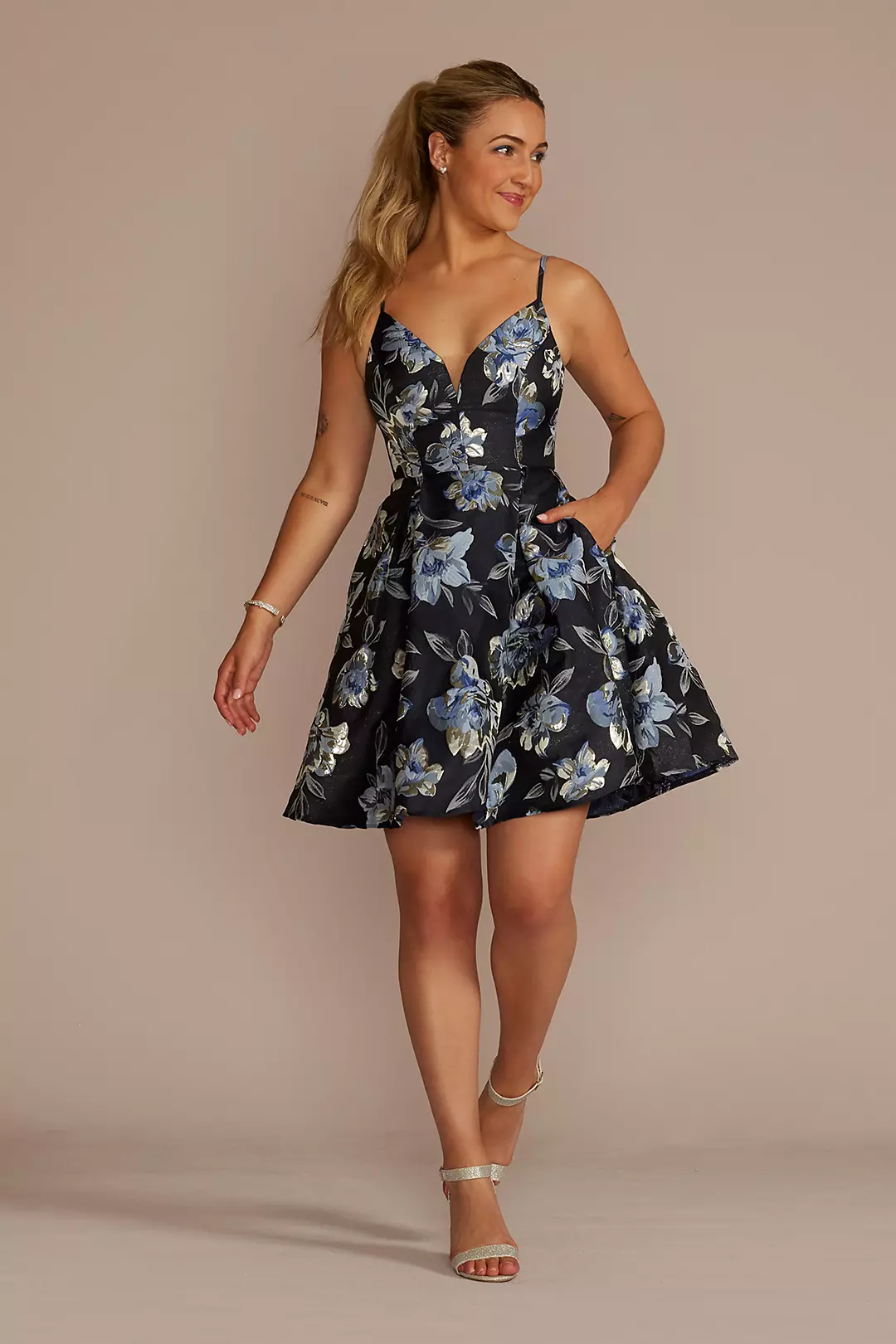 Plunging Metallic Floral Brocade A-Line Dress - Image 6