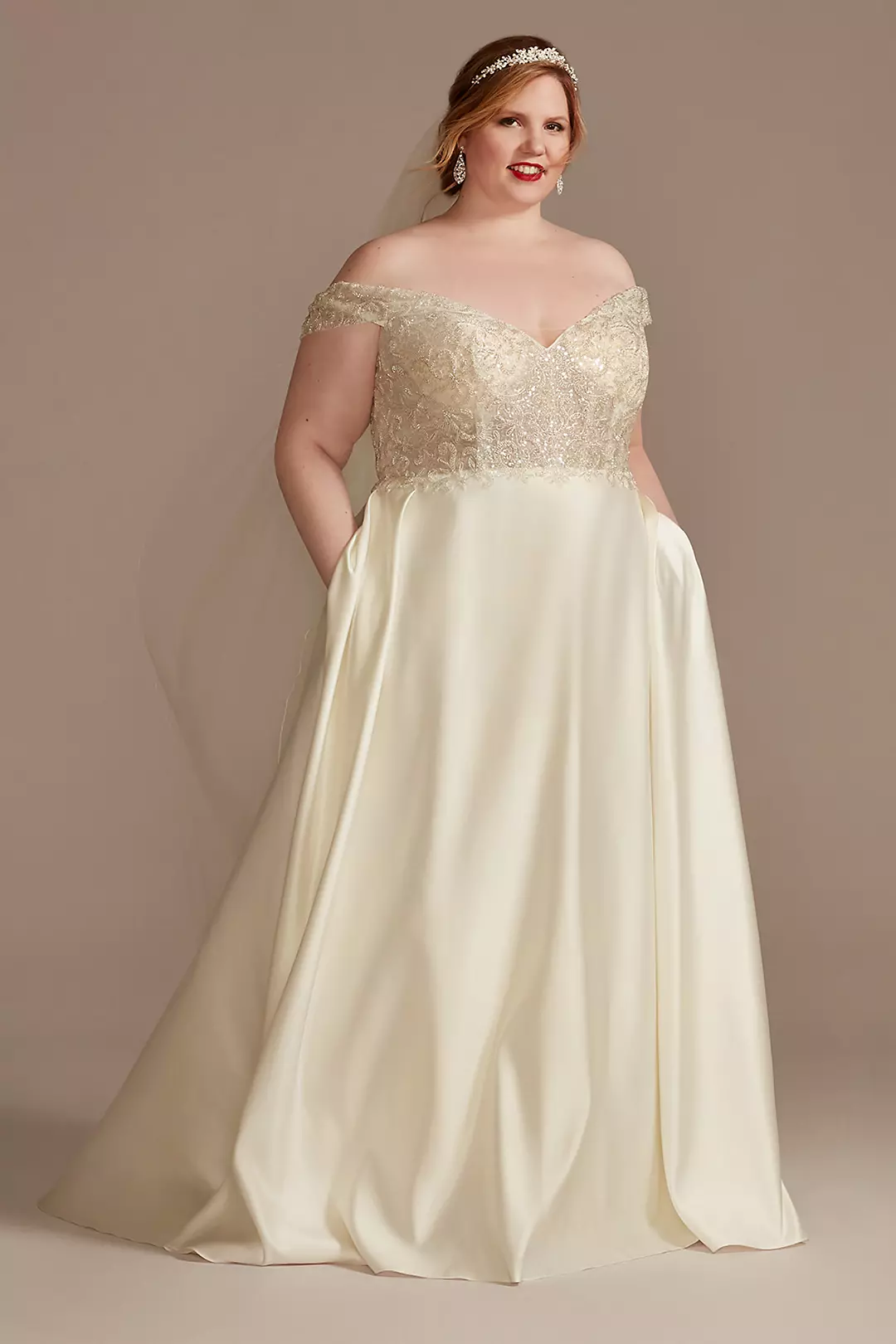 Off Shoulder Beaded Satin Wedding Dress - Image 18
