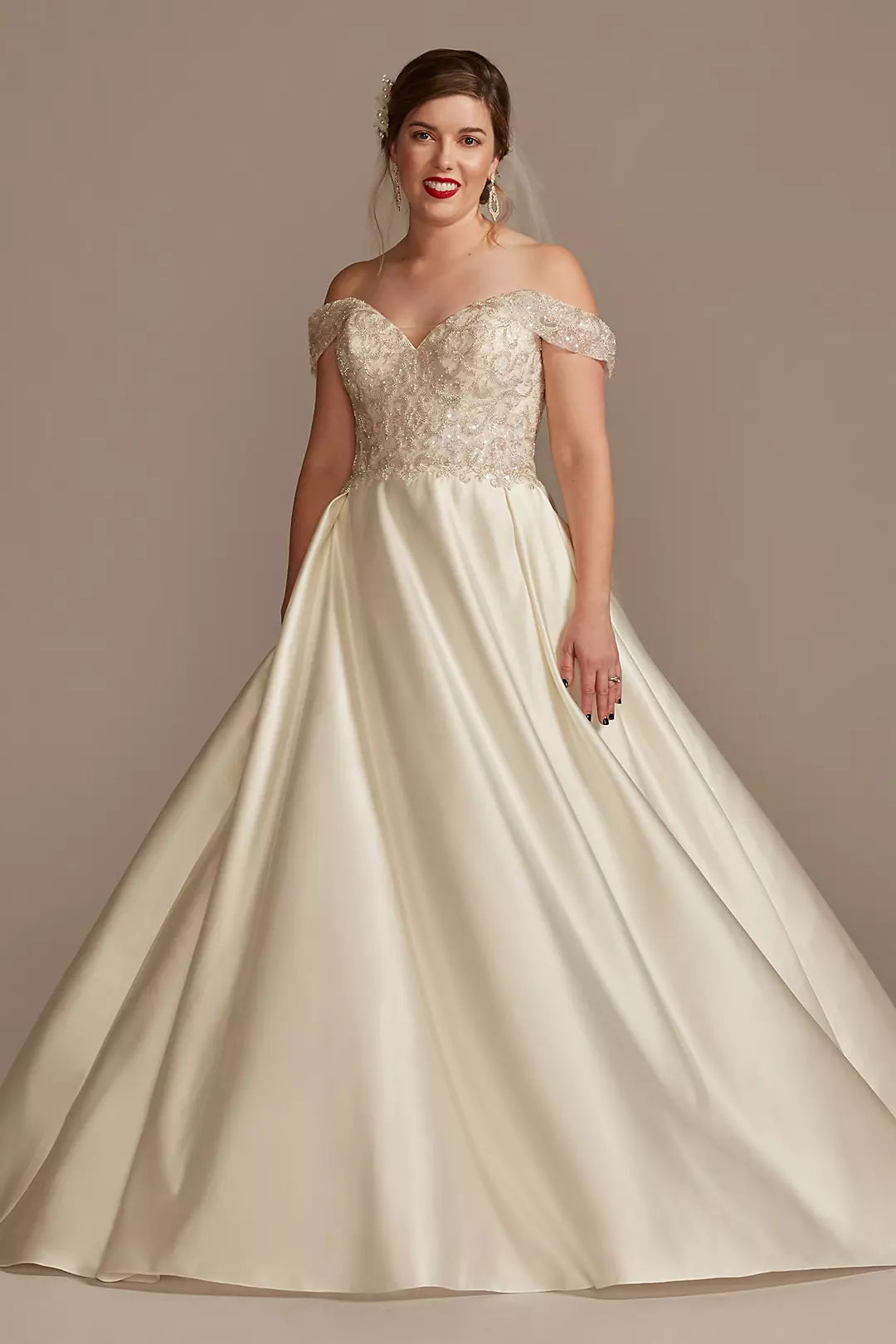Off Shoulder Beaded Satin Wedding Dress - Image 5