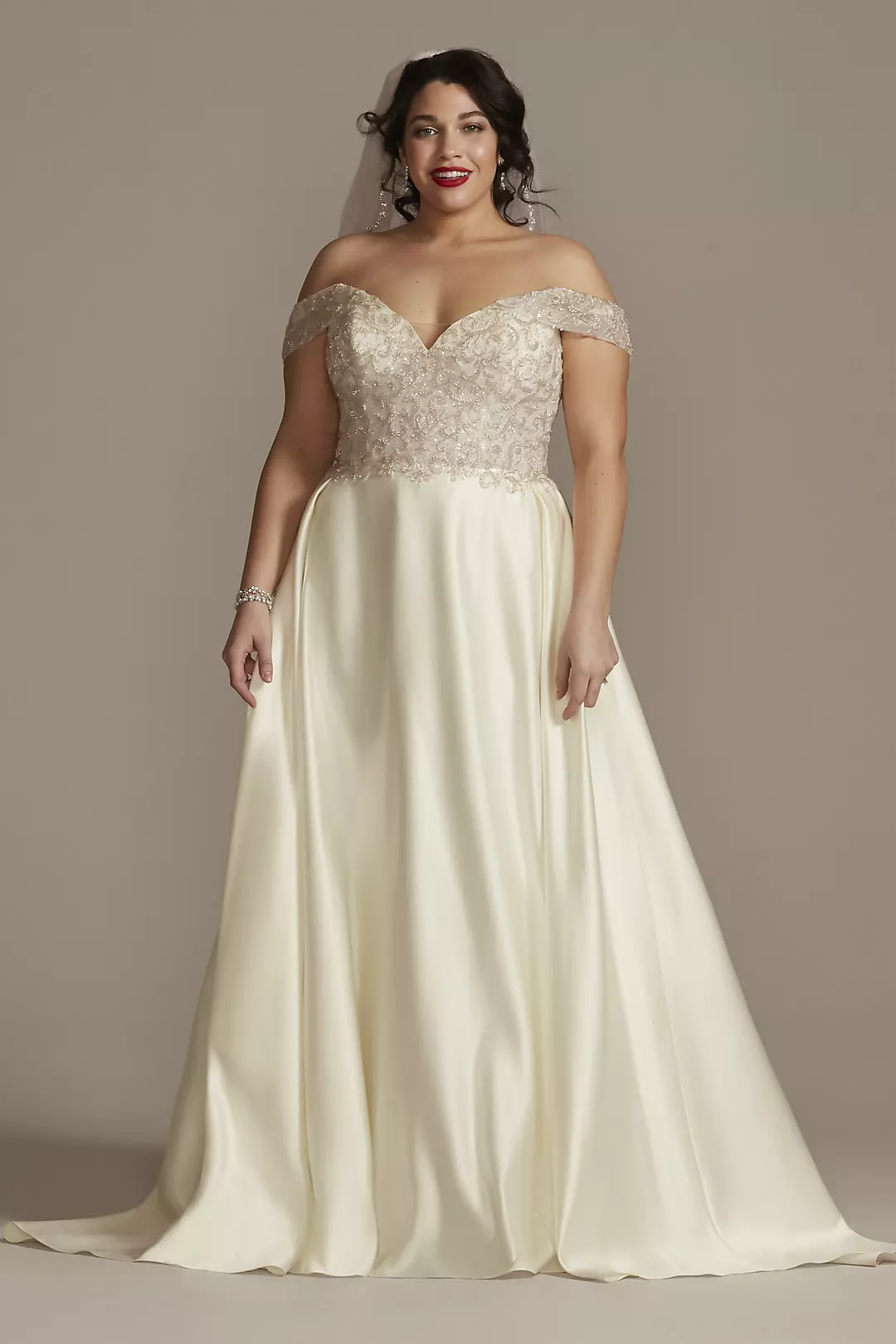 Off Shoulder Beaded Satin Wedding Dress - Image 6