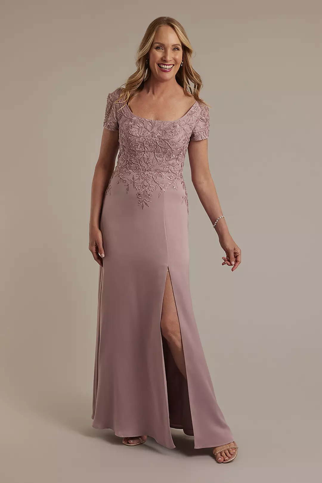 Short Sleeve Embroidered Satin A-Line Dress - Image 5