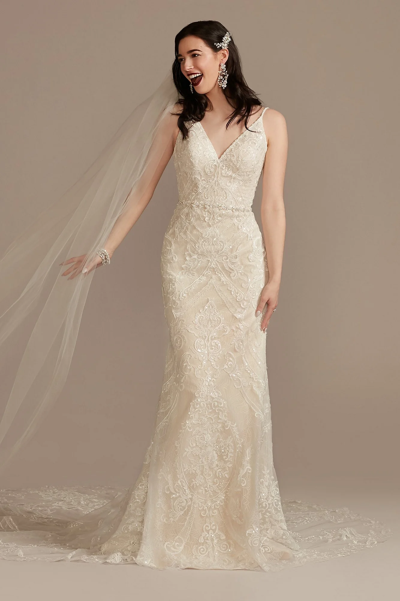 Strappy Beaded Applique Tulle Sheath Wedding Dress - Image 10