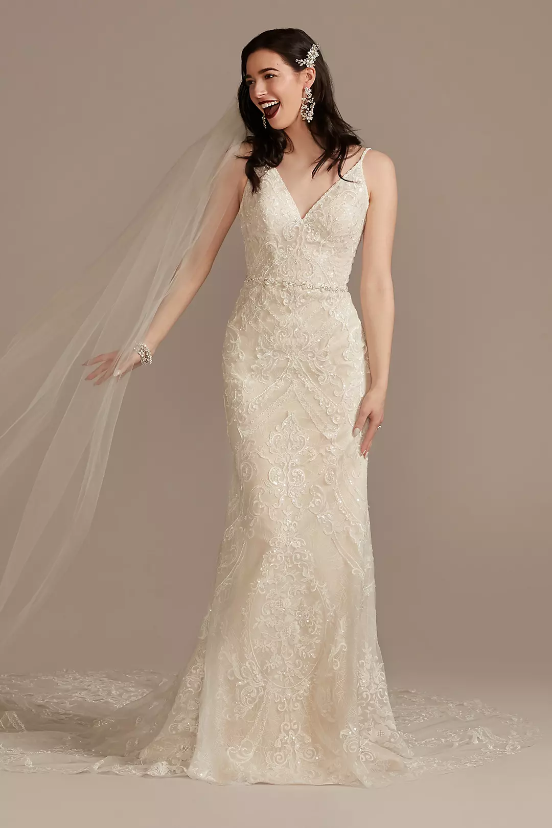 Strappy Beaded Applique Tulle Sheath Wedding Dress - Image 19