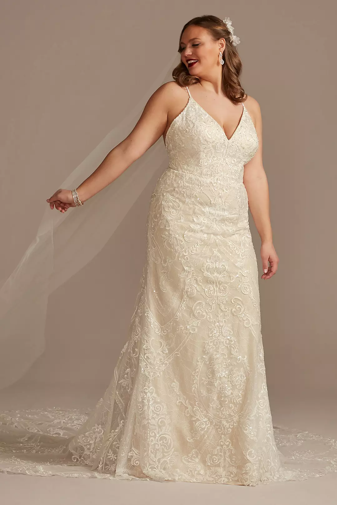 Strappy Beaded Applique Tulle Sheath Wedding Dress - Image 27