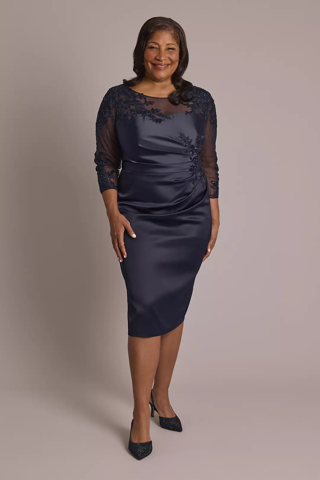 Three-Quarter Sleeve Stretch Satin Short Dress - Image 3